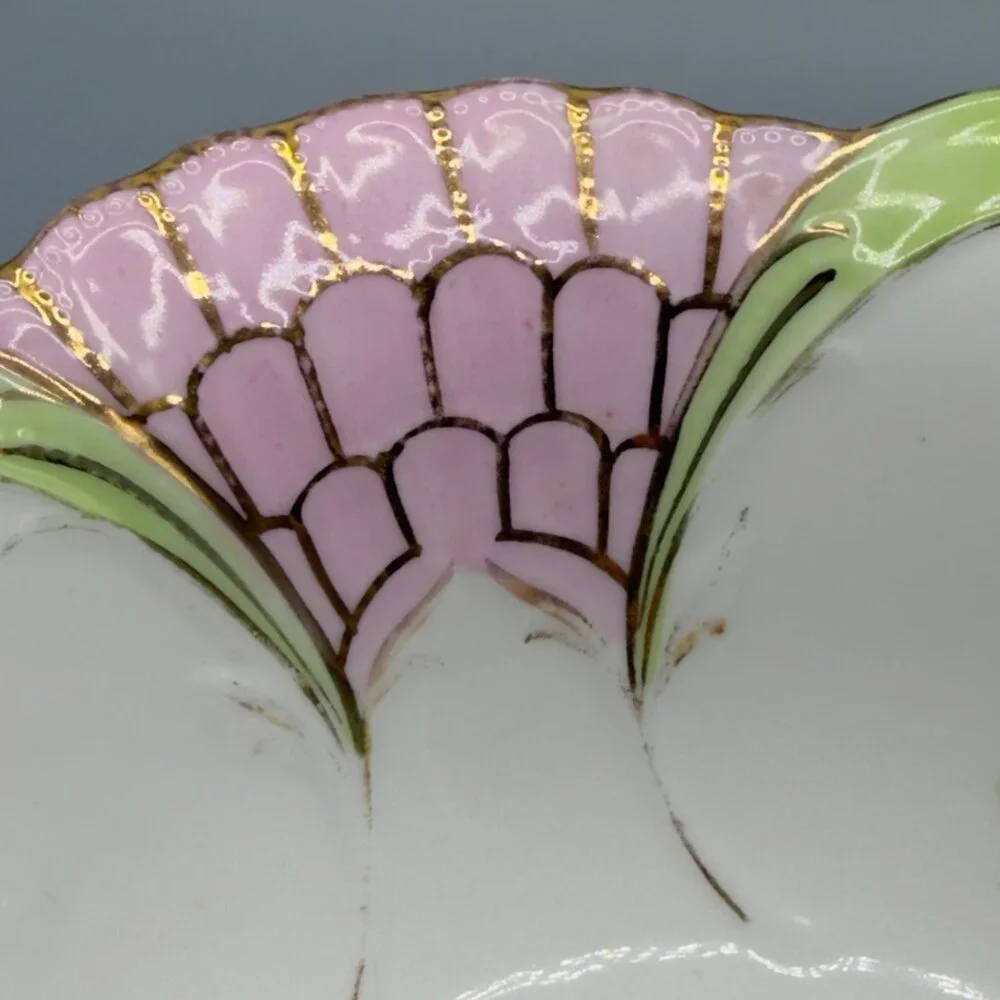 Antique Hand Painted Porcelain 10” Serving Bowl Pink Green Gilt Floral